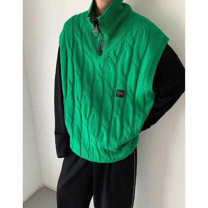 Bonsir Autumn Short Sweater Vest Men Fashion Casual Lapel Knit Pullover Men Korean Loose Zipper Sleeveless Sweater Mens Jumper Clothes