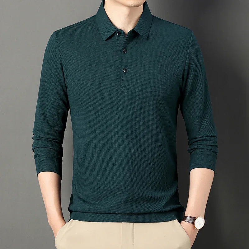 sanyamk 2024 Spring Autumn Waffle Men's Long-sleeved Polo Shirt Business Casual Slim Top Classic Solid Color Male Brand Tees