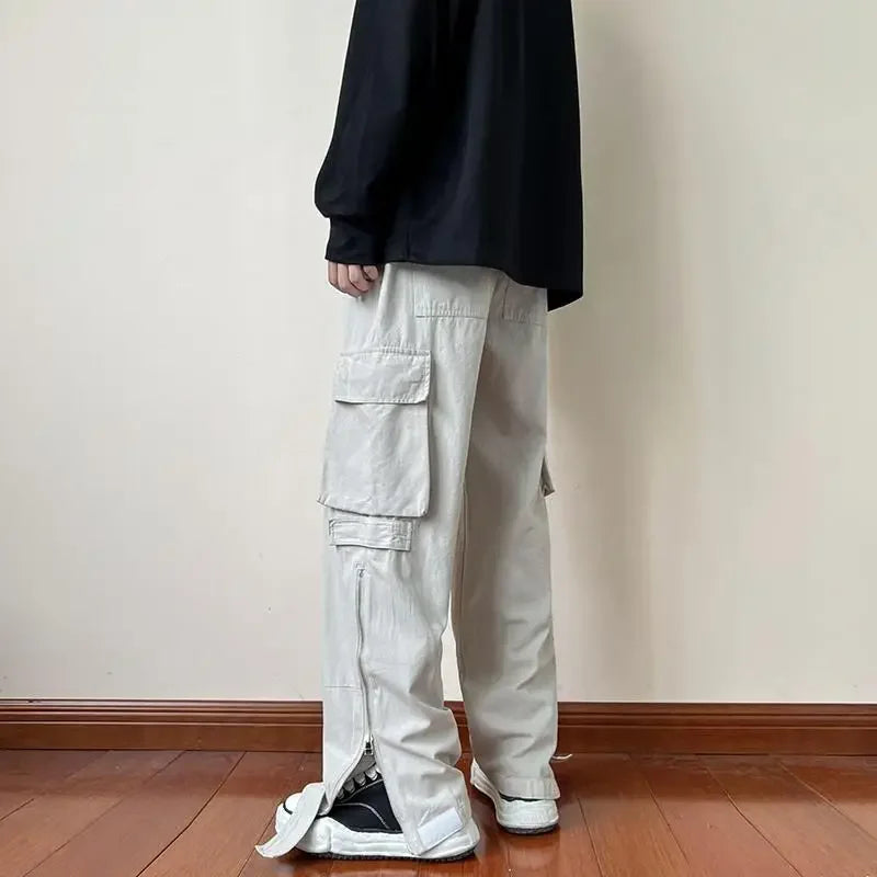 Bonsir Zipper Cargo Pants Men Cotton White Cargo Trousers Male Hip Hop Streetwear Vintage Loose Casual Safari Style Pocket