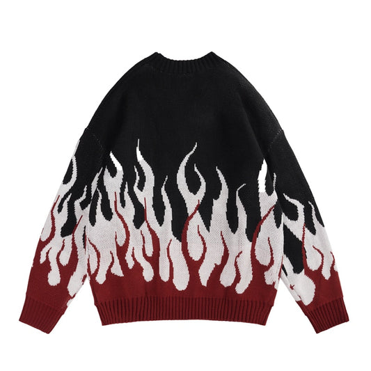 sanyamk Retro Flame Printed Contrast Color Pullover Autumn Sweaters for Men and Women Round Neck Patchwork Hip Hop Baggy Knitted Tops