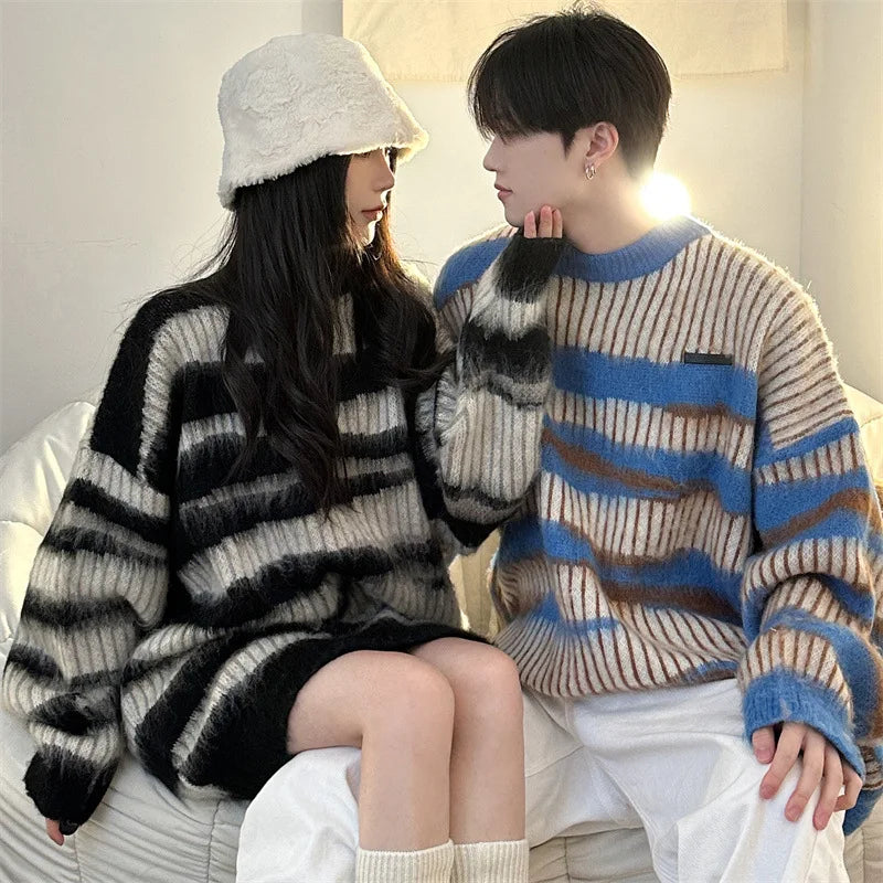 Bonsir Striped Sweaters Men Couple Popular Youthful Korean Style Panelled Slouchy O-neck Spring Autumn Teens Knitwear High Street Cozy