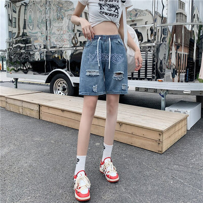 Bonsir Men's Denim Shorts Letter Embroidery Ripped Hole Short Jeans Women Wide Leg Shorts Hip Hop Drawstring Vintage Denim Pants Summer