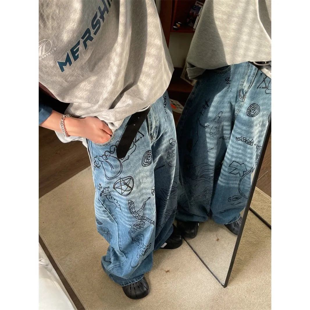 Bonsir Behemoth American street graffiti wide leg pants jeans men's loose versatile oversize vintage sense slacks y2k