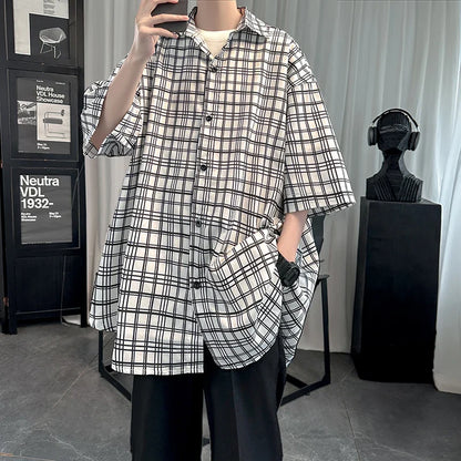 Bonsir Summer Short Sleeved Shirt Men Oversized Retro Plaid Shirt Men Streetwear Korean Loose Casual Shirt Mens Ice Silk Shirts M-2XL