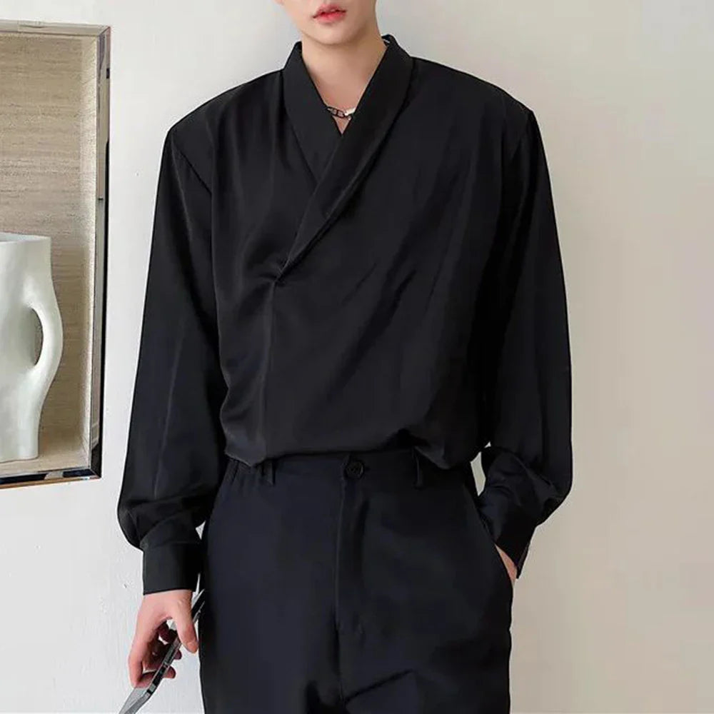 sanyamk Mens V-Neck Basic Casual Long-Sleeved Shirt 2024 New Autumn Winter Genderless Fashion Simple Retro Solid Color Shirt Unisex