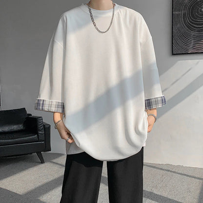 sanyamk  -  8XL-M Spring Summer Men's Ice Silk T-shirts Women Oversized Plaid T-shirt Korean Style Casual Seven sleeves T-Shirt Male