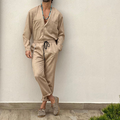 sanyamk Casual Cotton and Linen Suit Men's Casual Summer Vacation Solid Color Short-sleeved Shirt Straight Trousers Two-piece Set