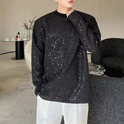 sanyamk Mens Autumn Y2k Sequined Korean Style Loose Long-Sleeved T-Shirt Autumn Genderless Nightclub Personalized Fashion Tops Unisex