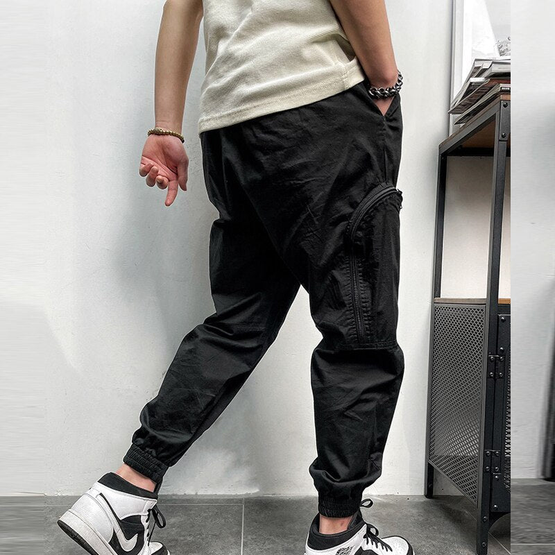 Bonsir Cargo Pants Men Fashion Zippered Pockets Long Pant For Mens Autumn Casual Solid Color Tight Foot Trousers Male Streetwear Summer