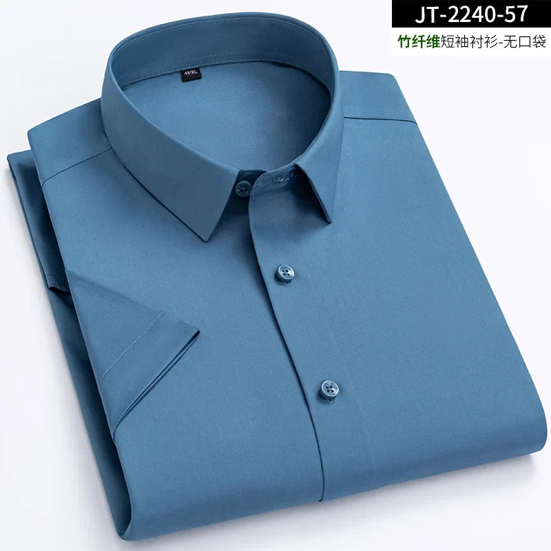 sanyamk Short Sleeve Male Dress Shirts Bamboo Fiber Soft Business Solid Men Formal Shirt No Pocket Comfotable Cool Regular Fit New