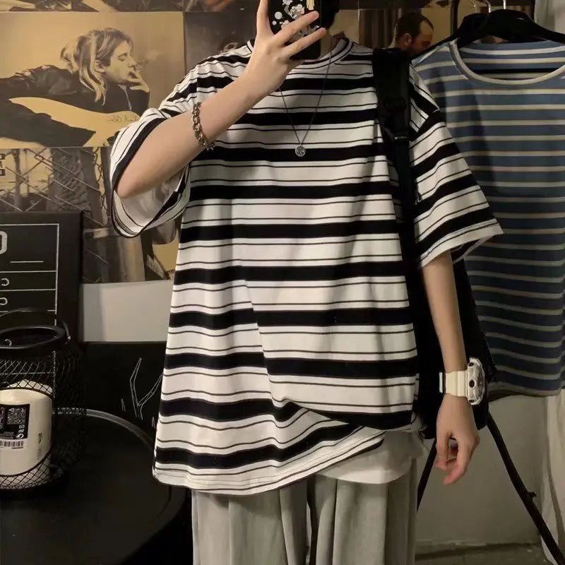 sanyamk  -  Striped Straight Pullovers Oversized Plus Size T-Shirts Loose Simplicity Handsome Short Sleeve Round Neck Casual Men's Clothing