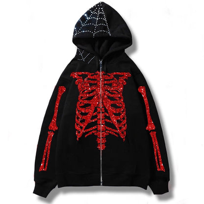 sanyamk Mens Black Streetwear Skull Hoodies Y2K Vintage Cardigan Skeleton Hoodie Men Oversized Zip Up Hooded Sweatshirt Tokyo Revengers