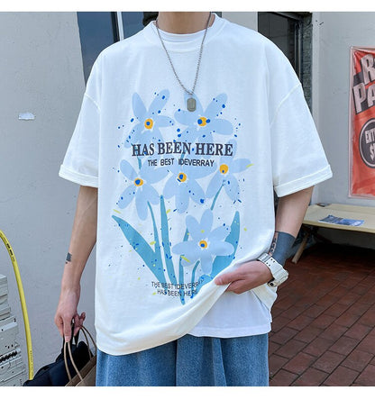 Bonsir Letter Flowers Print Summer Men Clothing Fashion Casual Harajuku Short Sleeve Tshirt XL 2XL Oversized Teenagers Streetwear