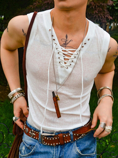 Bonsir Sexy Men Tank Tops Solid V Neck Sleeveless Lace Up 2023 Fitness Vests Man Summer Streetwear Fashion Casual Tops LGBT Clothing