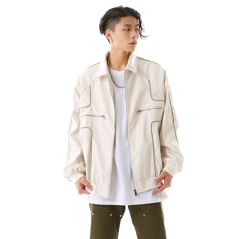 sanyamk Retro Zipper Pockets Lapel White Black Pu Leather Jacket Men's Harajuku Streetwear Loose Coat Thick Autumn and Winter Clothes