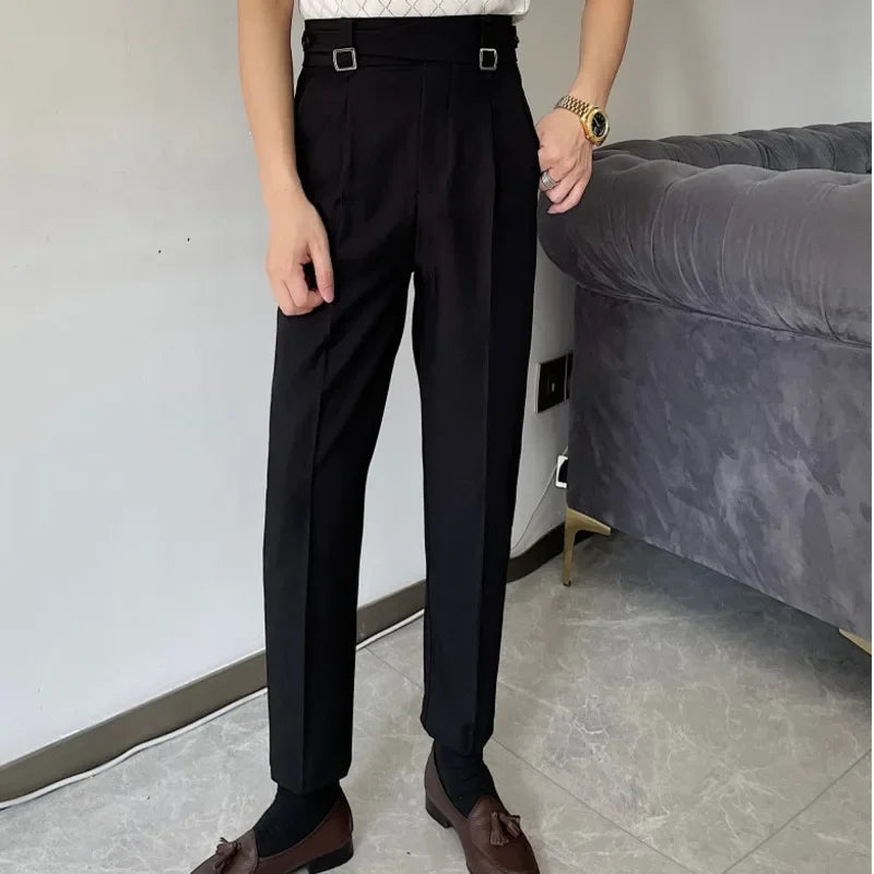 sanyamk  -  Men's Solid Color Suit Pant Slim Fit Feet Casual British Spring High Waist Pants Office-trousers Men Dress Pant Trousers