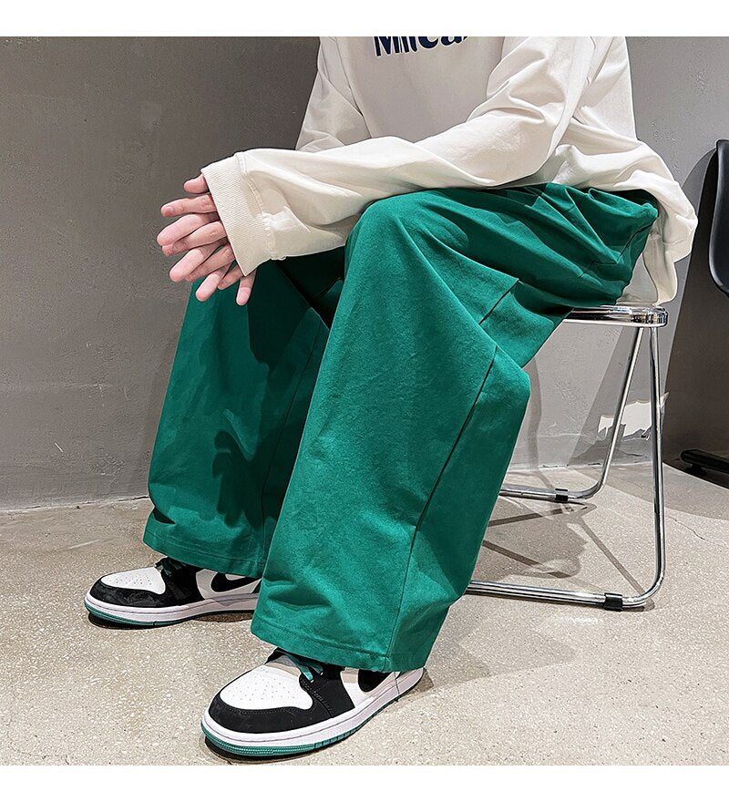 Bonsir Cotton Oversized Casual Pants Men Fashion Loose Wide Leg Pants Men Japanese Streetwear Hip Hop Straight Pants Mens Trousers