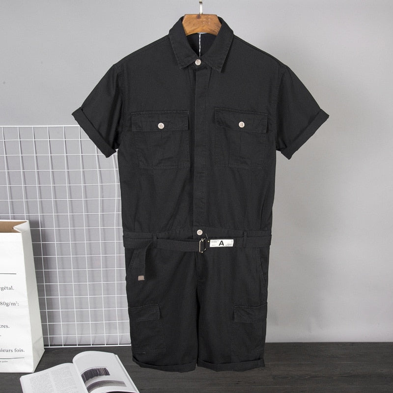 Bonsir Summer New Men Playsuit Overalls Adjustable Waist Belt Japan Style Clothes Short Sleeve Rompers Youth Cargo Jumpsuit Streetwear