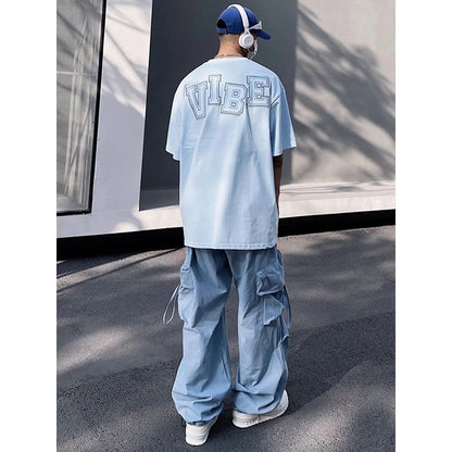 Bonsir American vibe high street men blue overalls men and women summer trend hiphop all-match loose straight couple casual pants