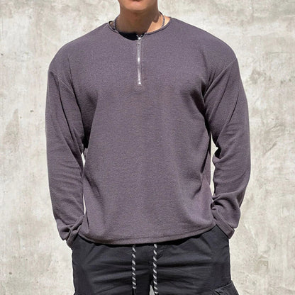 sanyamk  -  Men Clothing Casual Long Sleeve Muscle Male Pullover Simple Waffle Tops Tee t-shirt Vintage Solid Zipper Loose Gym Shirts