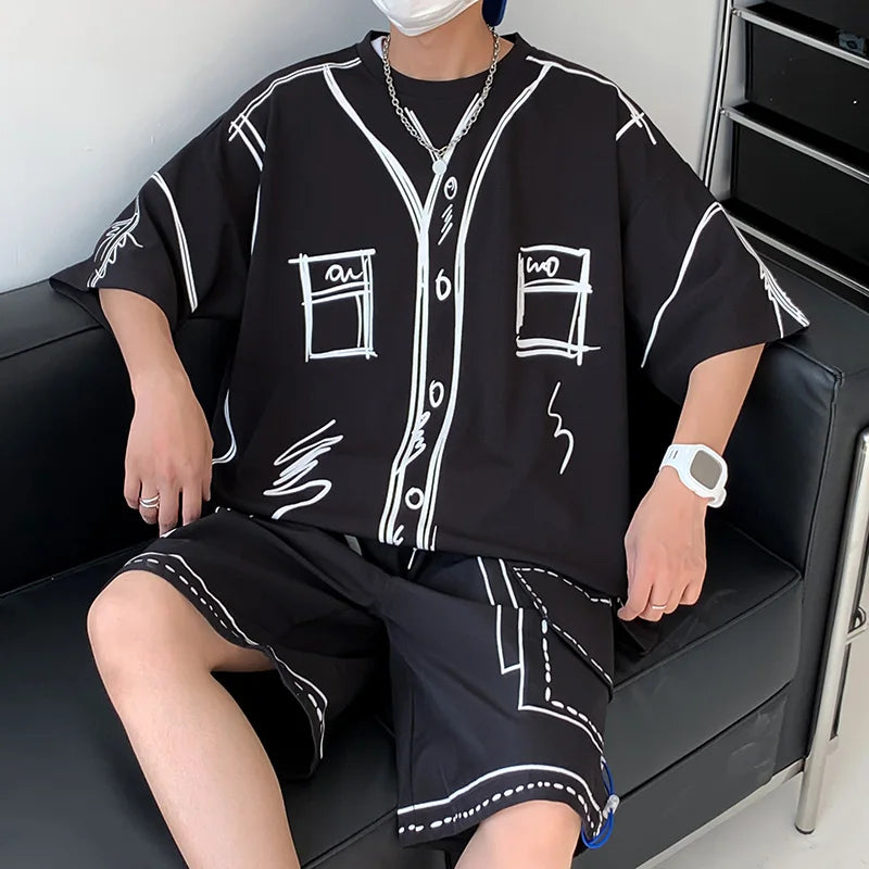 Bonsir Summer 2 piece Men's Sets Shorts T-shirts Funny Hand-painted Costume Short Sleeve Oversize Sweatsuit Streetwear Graffiti Clothes