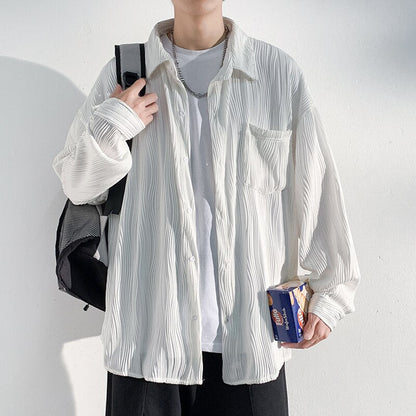 Bonsir Autumn Pleated Shirt Men Fashion 4-color Casual Ice Silk Shirt Mens Japanese Loose Long-sleeved Shirt Mens Large Size M-5XL