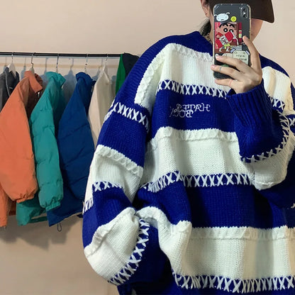 Bonsir Patchwork Striped Men's Knitted Sweater Blue Pullovers Punk Black Sweaters Male Oversize Korean Streetwear Hip Hop