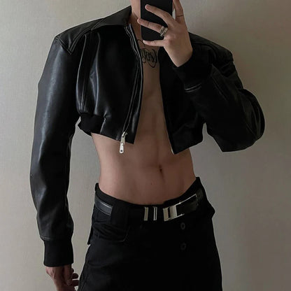 sanyamk Autumn Product Design Sense Lgbt Sexy Navel Exposed Fashion High Street High Waist Double Zipper Wide Shoulder Leather Jacket