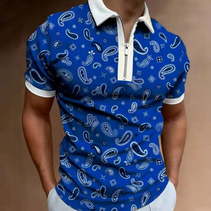 sanyamk Summer New Short Sleeve Printed Slim Fit Zip Lapel Men's Polo Shirt