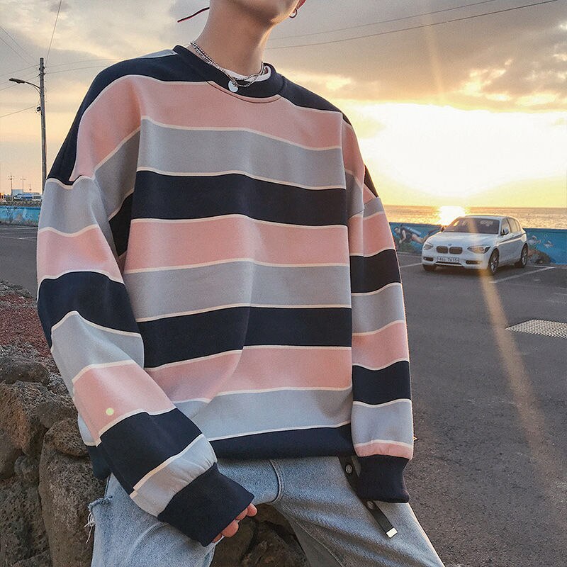 Bonsir Spring New Men Stripe Sweatshirts Oversized Korean Clothing Hoodies Fashion Unisex Pullovers Casual Tops Streetwear