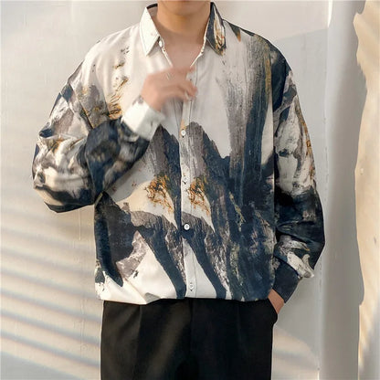 sanyamk Vintage Summer Tie-dyed Painting Shirt Men Hip Hop Loose Long Sleeve Shirt Male Fashion Hawaii Button Long Sleeve Blouse Tops