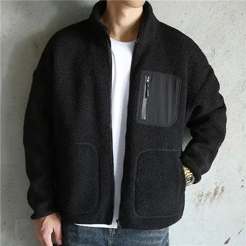 sanyamk Autumn and Winter Men's Lamb Fleece Coat with Thickened Fleece and Loose Collar Shake Fleece Versatile Cotton Coat Top