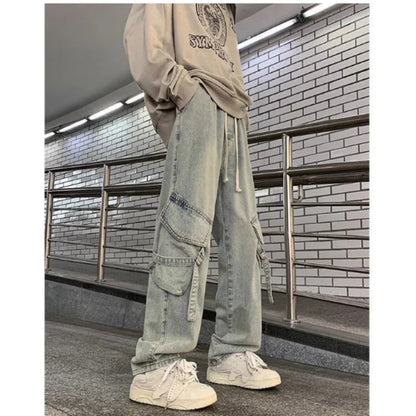 sanyamk Autumn And Winter New Japanese Overalls Jeans Men And Women American Retro High Street Micro-la Washed Wide-leg Straight Pants