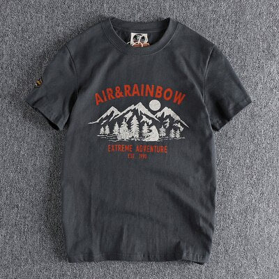 sanyamk Summer New American Retro Short Sleeve O-neck Mountain Printed T-shirt Men's Fashion 100% Cotton Washed Old Youth Casual Tops