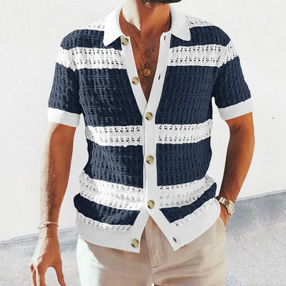 sanyamk Casual Mens Knitted Shirts 2024 Spring Summer Loose Short Sleeve Buttoned Lapel Knit Cardigans Men Clothes Vintage Striped Shirt