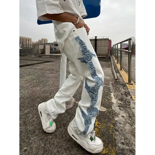 Bonsir American stitching white washed trousers retro street color contrast damaged details loose fashion straight jeans men and women