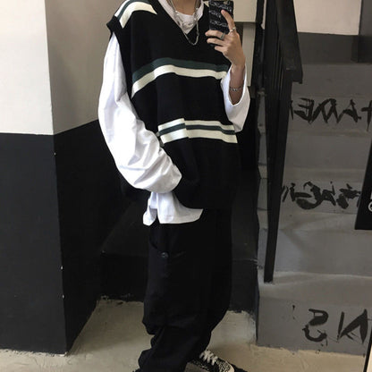 sanyamk Couples Knitted Sweater Vest Japanese Pullover Retro Men Korean Fashion Loose Stripe Loose Casual Harajuku V Neck Golf Vest Men