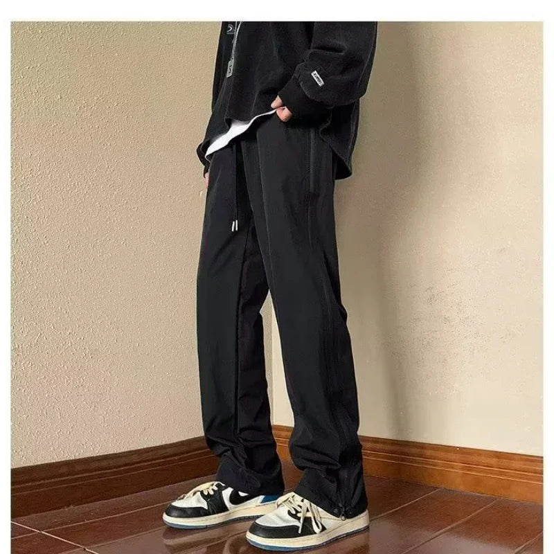 Bonsir Autumn New American Trendy Rush Pants Men High Street Solid Pocket Zipper Drawstring Loose Versatile Straight Workwear Trousers