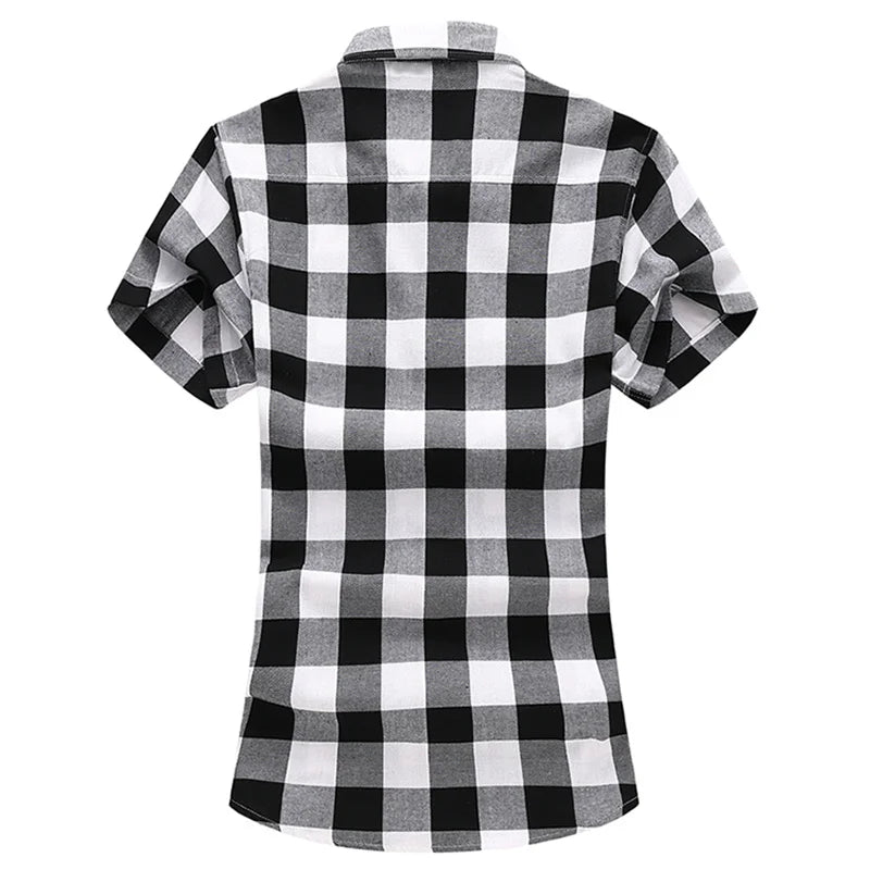 sanyamk Striped Plaid Short-sleeved Shirt Men's Single-breasted Square Collar Cotton Shirts Summer Fashion Casual Camisa Men Chemise 7XL