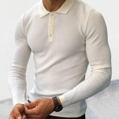 Bonsir Fall Men Polo Shirts Knitted Slim Elastic Long Sleeve Tops Vintage Solid Color Turn-down Collar Buttoned Pullover Men's T-Shirt