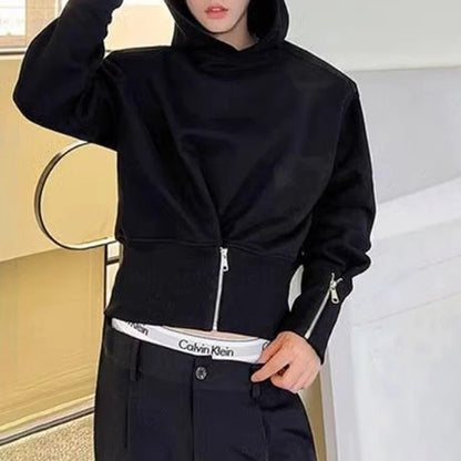 sanyamk Mens Autumn Korean Y2k Waist Cuff Zipper Slim Waist Short Hooded Sweatshirt Essential Fashion Youth Solid Color Top For Men