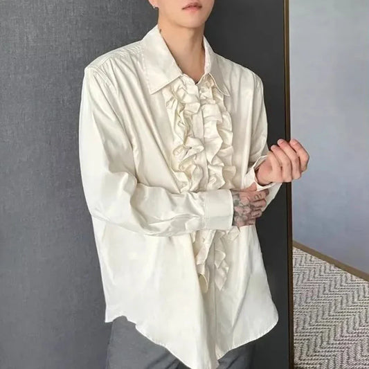 sanyamk Mens Palace Style Ruffled Long-Sleeved Shirt 2024 New Genderless Medieval Pleated Loose Retro Solid Color Stage Clothing Unisex