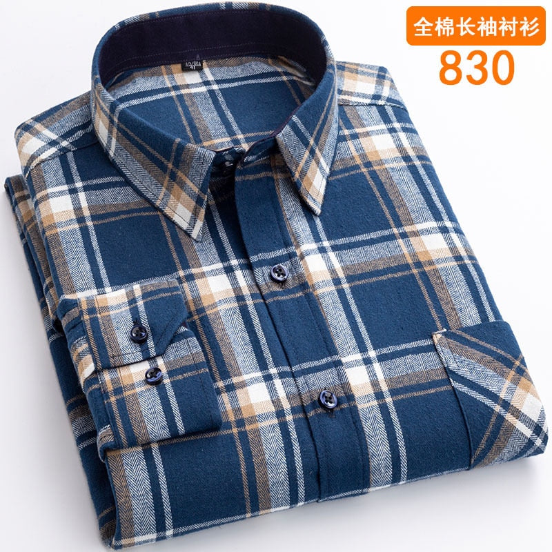 Bonsir 6XL autumn winter Flannel business casual iron free 100% cotton plaid long sleeve men's shirt large quality wrinkle resistant