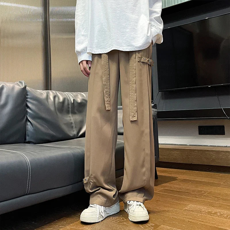 Bonsir Harajuku Streetwear Men Casual Straight Pants Male Fashion Plicated Long Trousers Ribbons Welt Man Pants Coffee/Black/Rice White