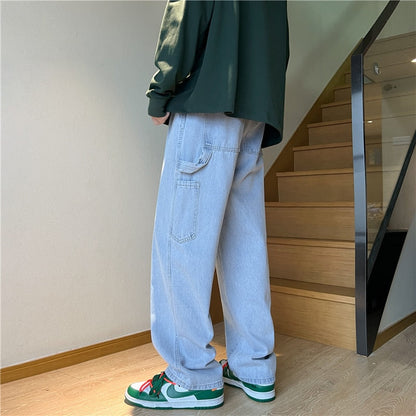 sanyamk Cargo Jeans Men's Baggy Wide Leg Denim Trousers Streetwear Spring Fashion Straight Elastic Waist Korean Stitching Hip-hop Pants