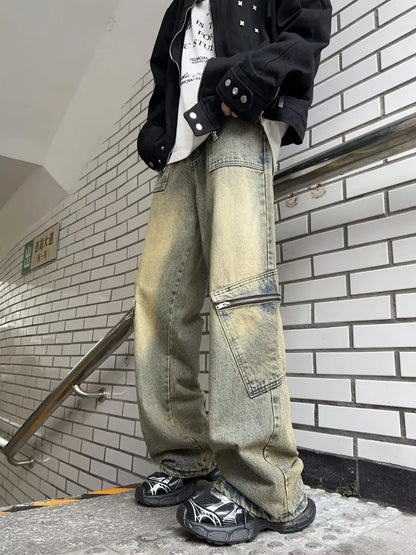 sanyamk Streetwear Pocket Design Men Jeans Cargo Pants Loose Plus Size Neutral Wide Leg Pants Harajuku Casual Denim Pants Gothic Y2K