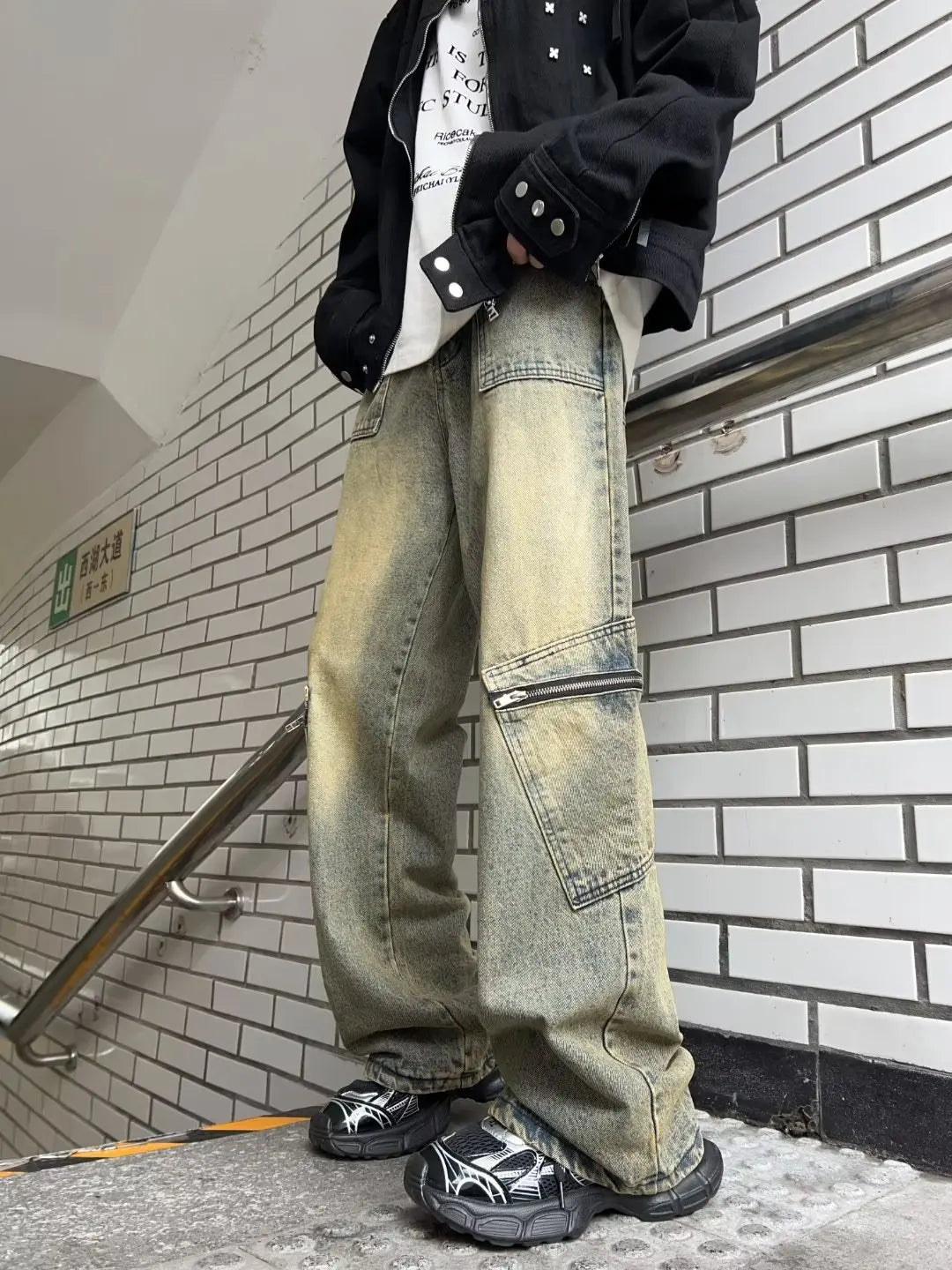 Bonsir Streetwear Pocket Design Men Jeans Cargo Pants Loose Plus Size Neutral Wide Leg Pants Harajuku Casual Denim Pants Gothic Y2K