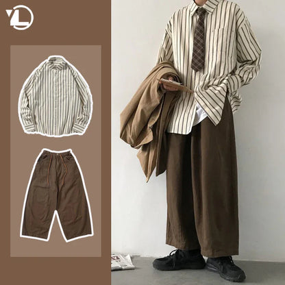 sanyamk Men Vintage Set Spring Autumn Couple Casual Suits New Stripe Loose Long Sleeve Shirt+High Street Wide Leg Pants Two Piece Set