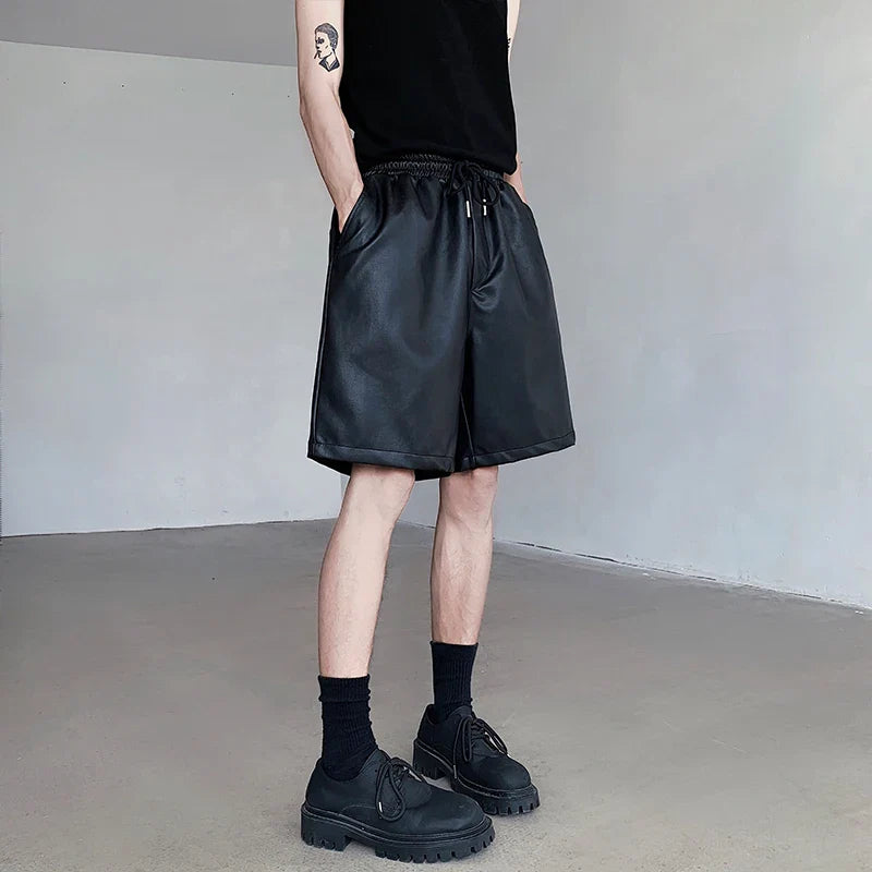 Bonsir Summer Leather Shorts Men Fashion Black Motorcycle Shorts Mens Streetwear Hip-hop Loose Leather Shorts Men Casual Shorts M-2XL