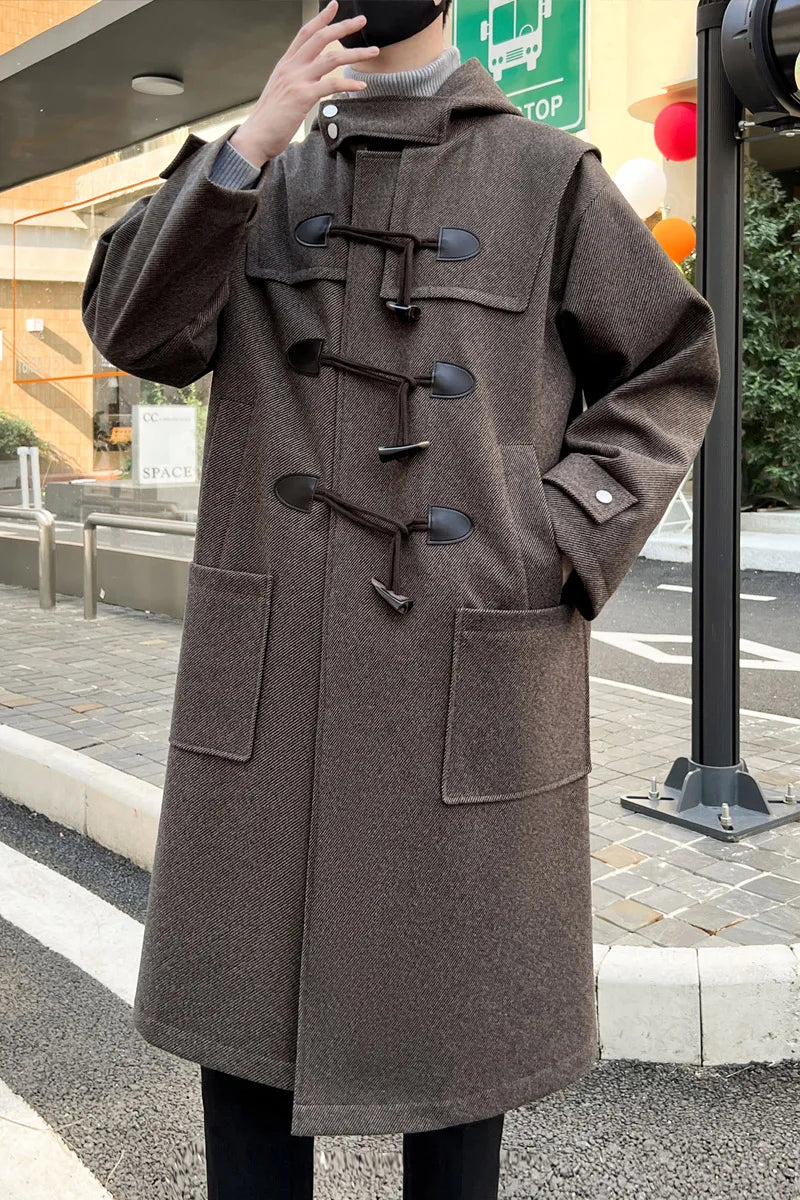 sanyamk Korean-style Woolen Trench Men Horn Button Casual Long Windbreaker Winter Hooded Jacket Coats Fashion Trenchcoat